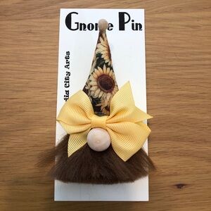 Sunflower Gnome Pin Brooch Handmade Gift Guide Bow Magnetic Brown Beard Autumn